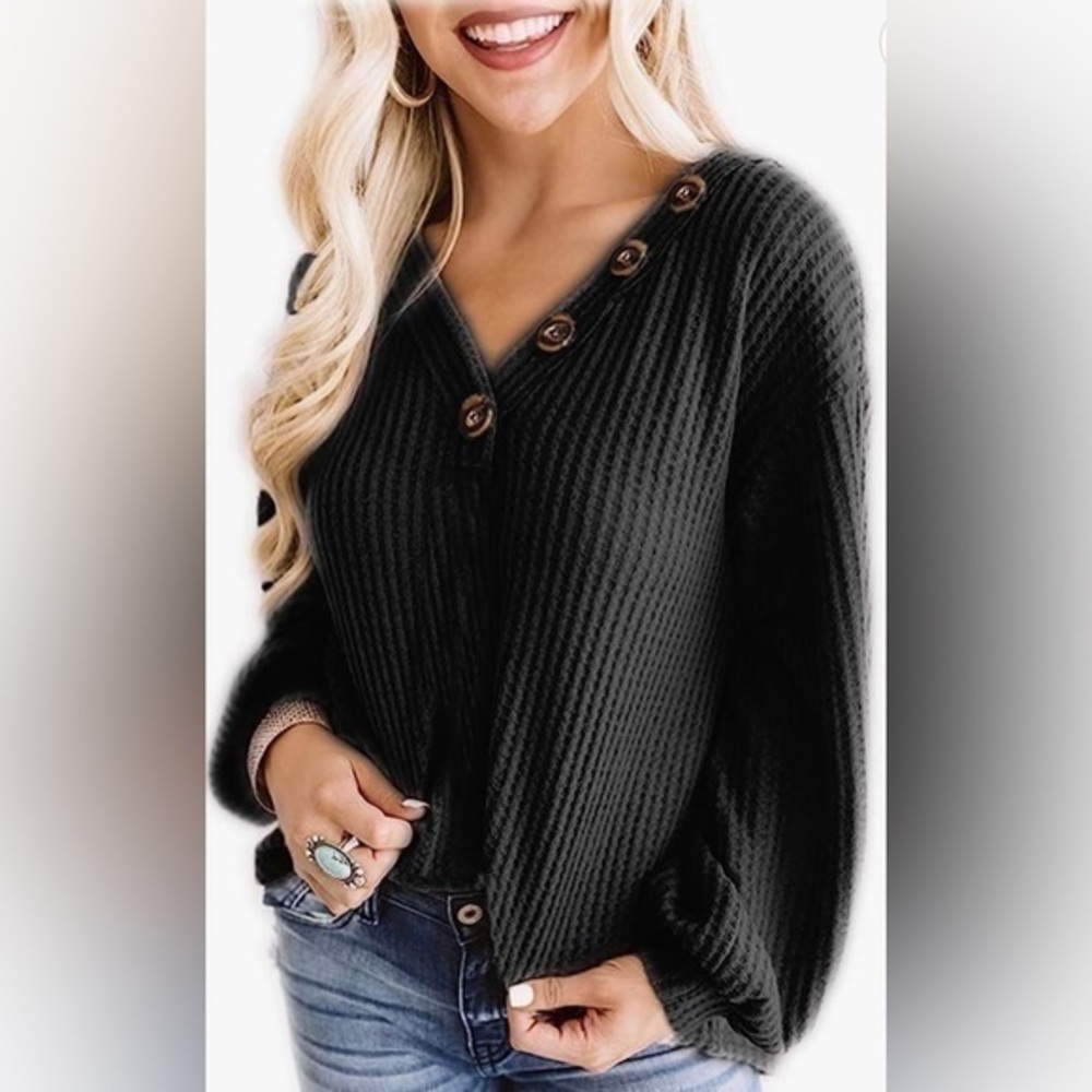 Waffle-knit Top with Button Detail